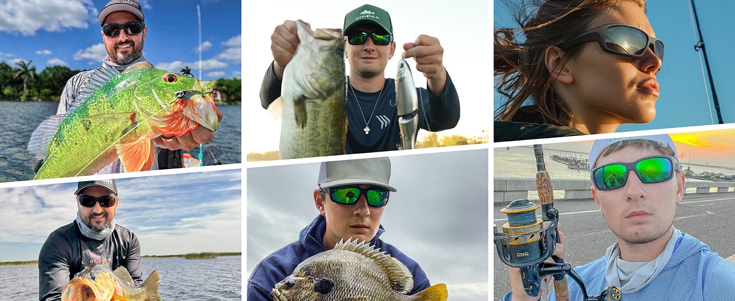 Collage of fishing moments and catches.