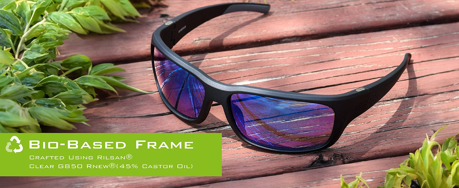 Sunglasses made from bio-based materials.