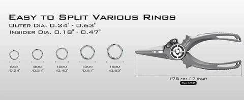 Pliers designed for splitting various rings.