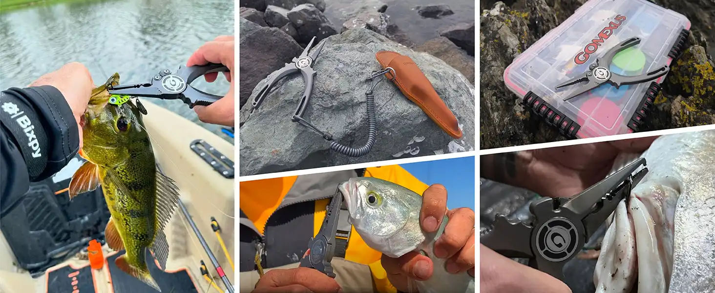 Gomexus Titanium Fishing Pliers 7.5'' for Saltwater Jigging Never Rust Split Ring Design 5 Fishing tools in various outdoor settings.