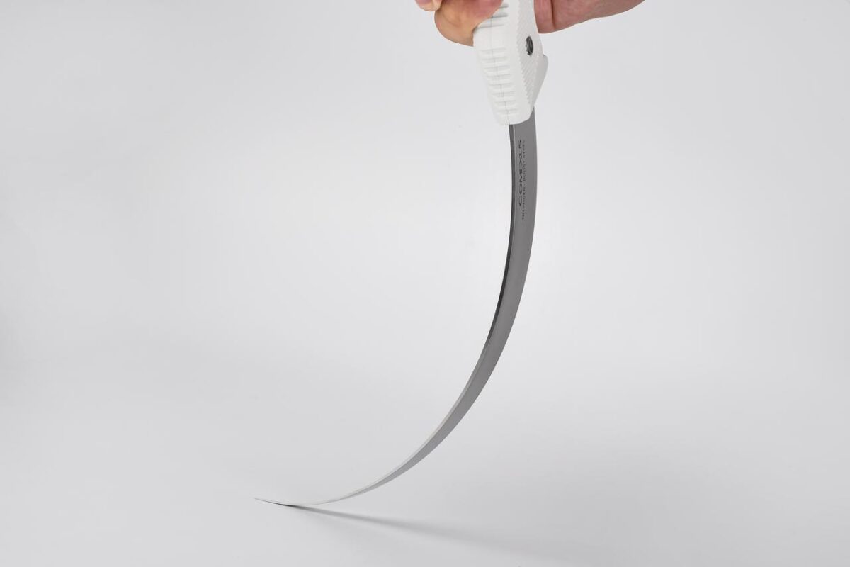 Close-up of Gomexus G-Knife blade made of N-Boost high nitrogen steel for saltwater corrosion resistance